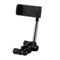Black ABS plastic mobile phone bracket mounted on a car rearview mirror stem.