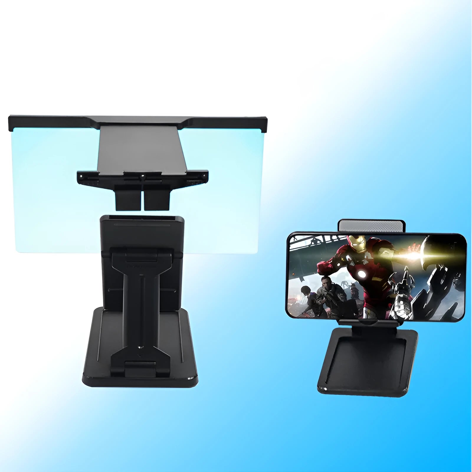 Black L20 split mobile phone screen magnifier with mounting bracket on a table