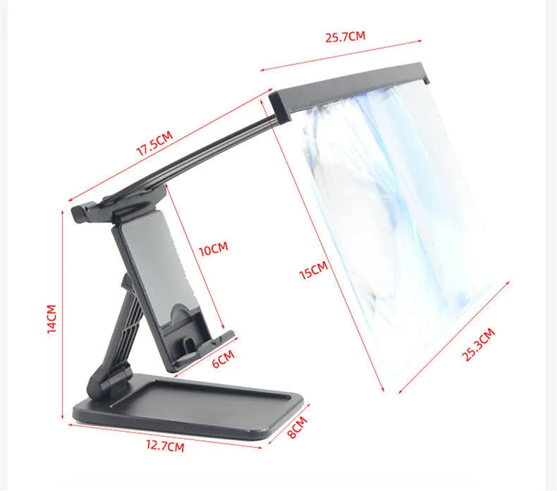 Black L20 split mobile phone screen magnifier with mounting bracket on a table