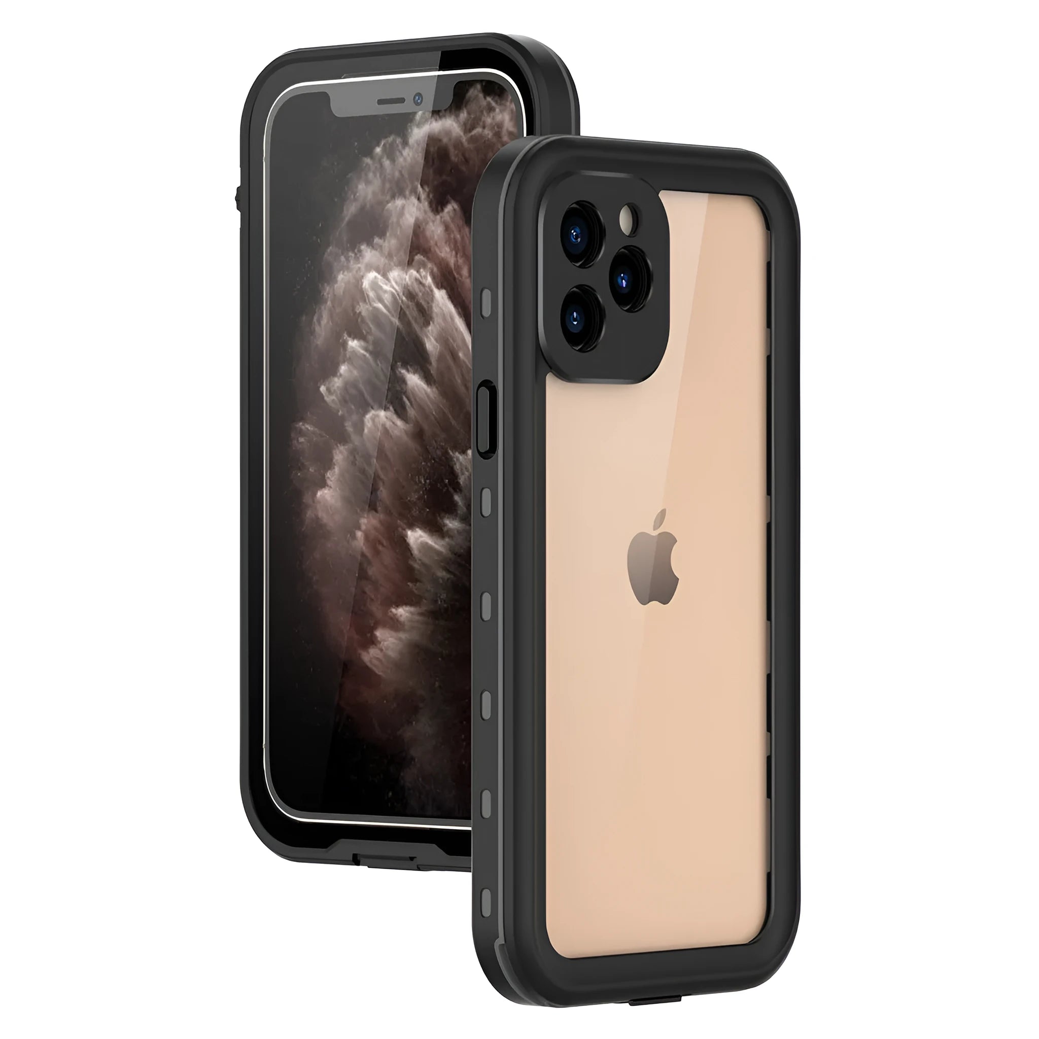 FREDPEPPER IP68 waterproof shockproof case for iPhone in black, blue, and red colours.