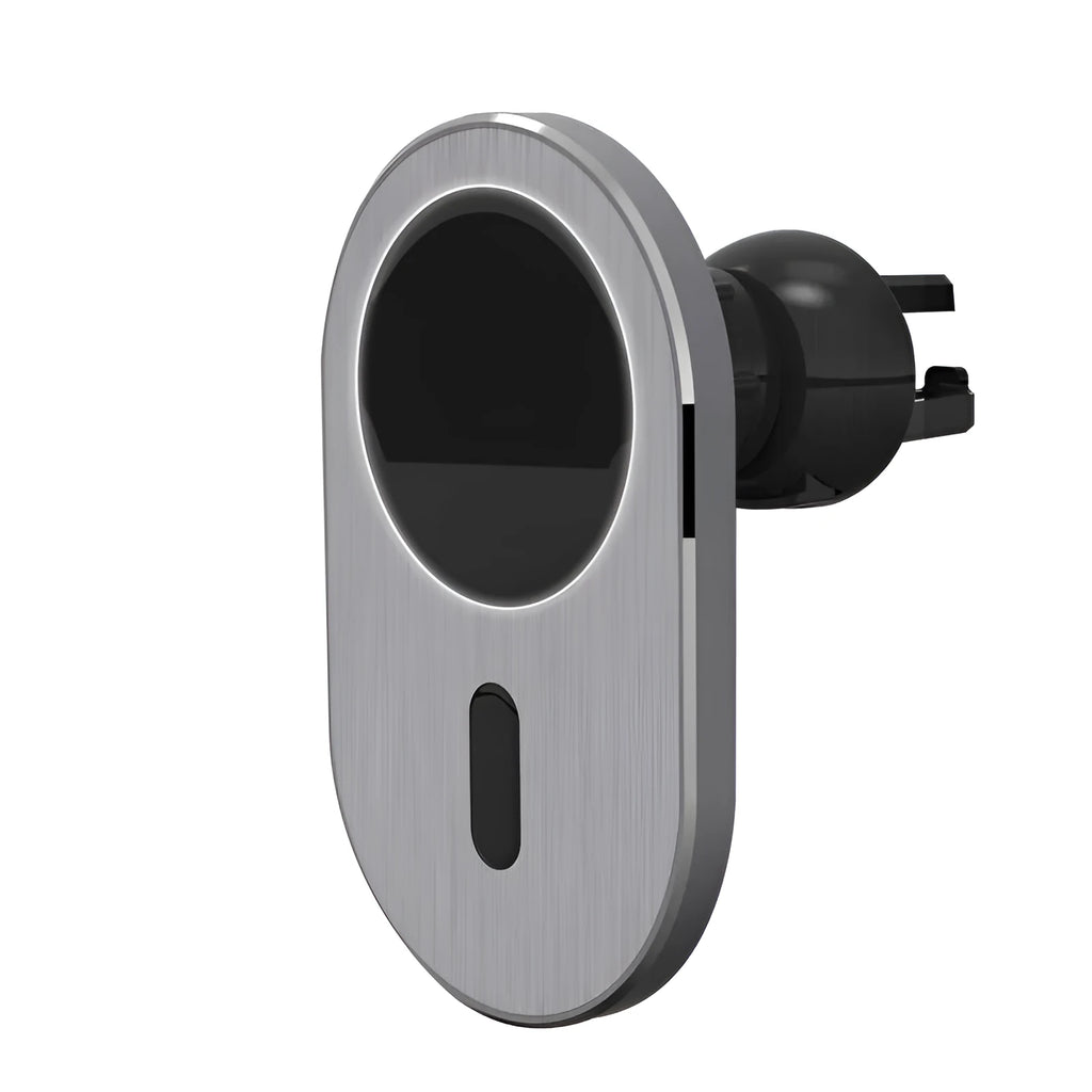 Grey aluminium alloy car magnetic wireless charger for iPhone on dashboard