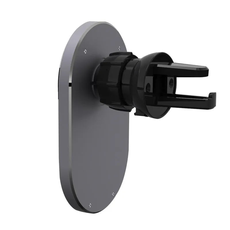 Grey aluminium alloy car magnetic wireless charger for iPhone on dashboard