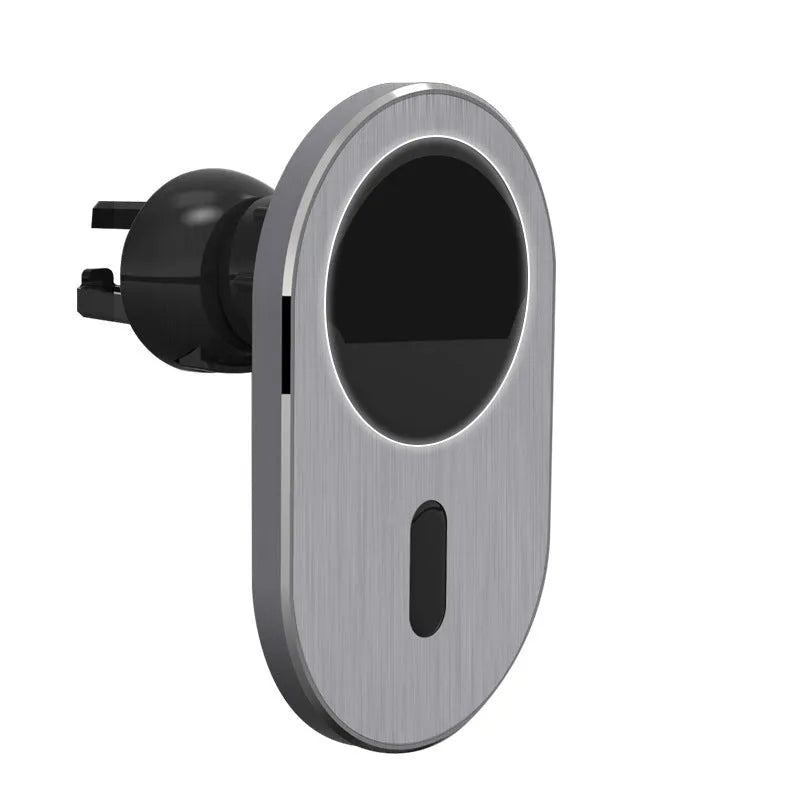 Grey aluminium alloy car magnetic wireless charger for iPhone on dashboard