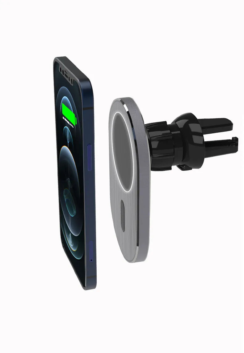 Grey aluminium alloy car magnetic wireless charger for iPhone on dashboard