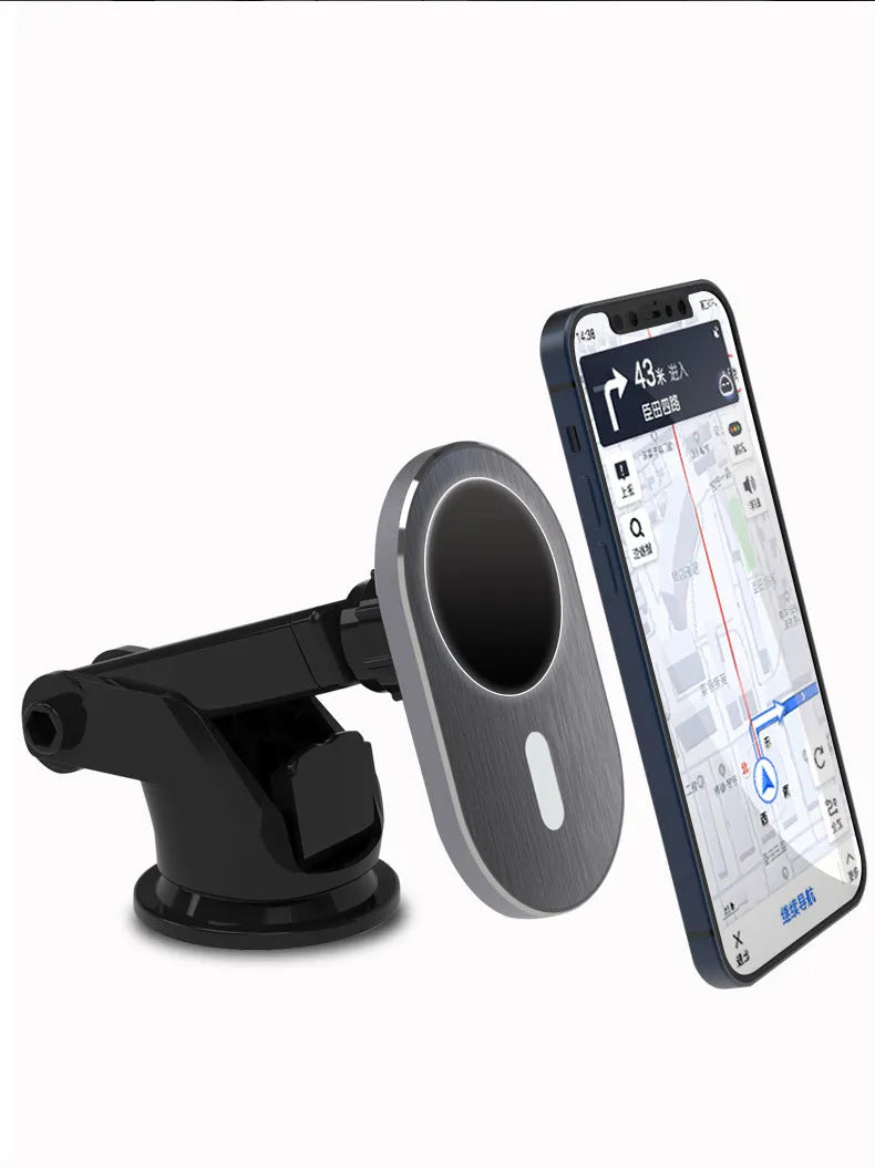Grey aluminium alloy car magnetic wireless charger for iPhone on dashboard