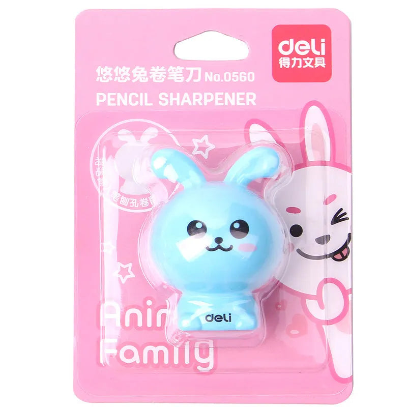 Mini cartoon pencil sharpener with random bunny design for children, plastic and metal construction
