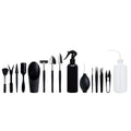 Black plastic and metal 16-piece mini garden hand tool set for succulents and bonsai, displayed with cushion.