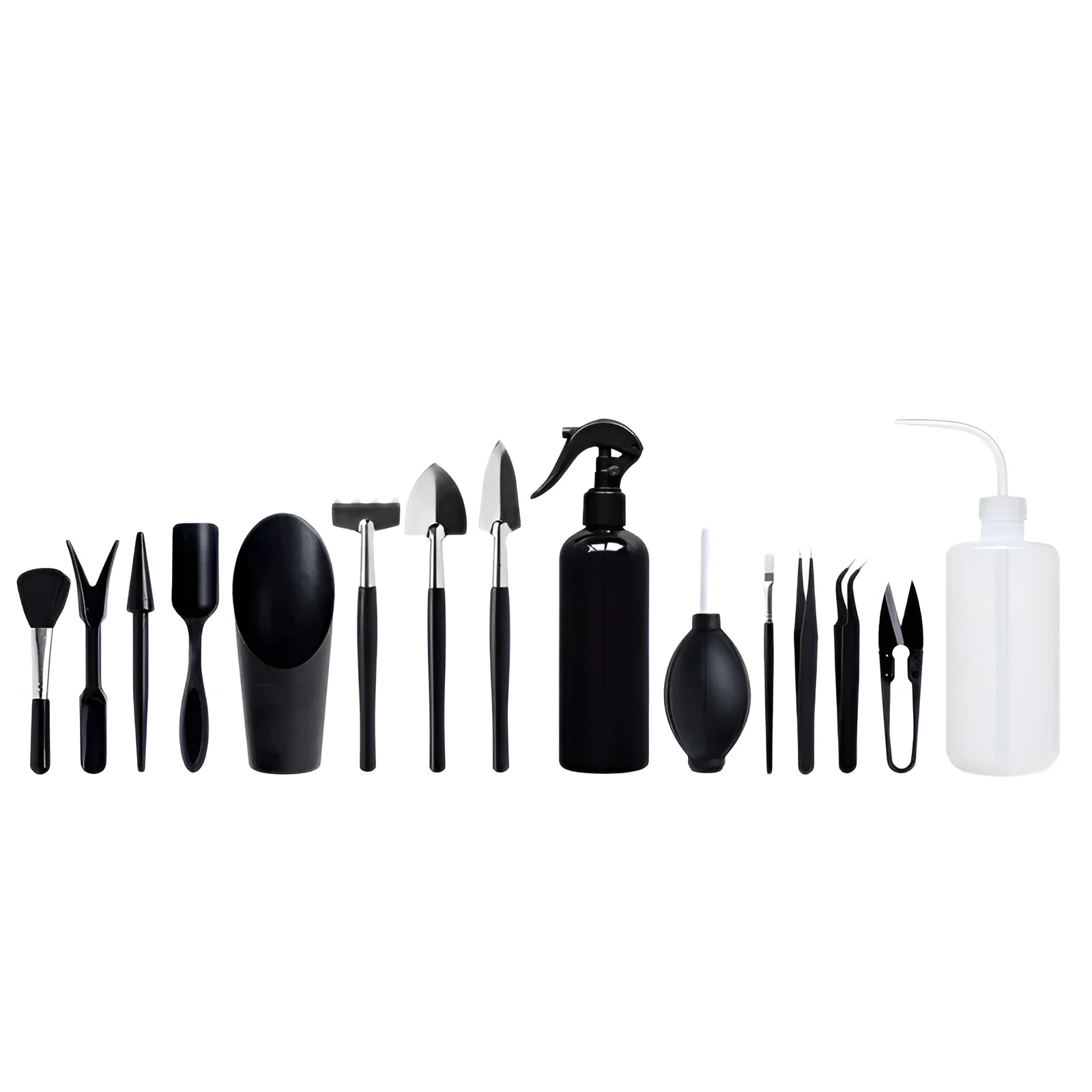 Black plastic and metal 16-piece mini garden hand tool set for succulents and bonsai, displayed with cushion.