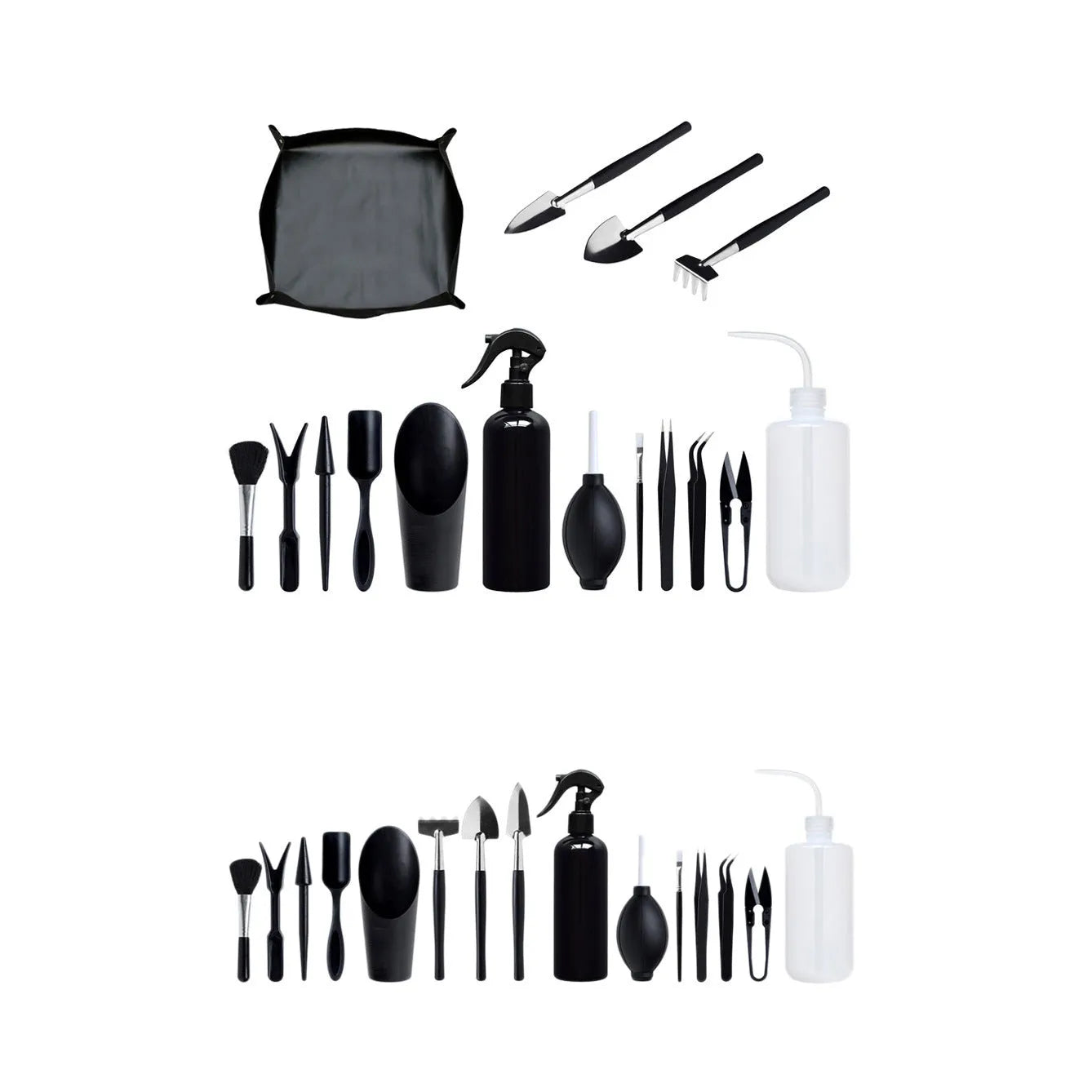 Black plastic and metal 16-piece mini garden hand tool set for succulents and bonsai, displayed with cushion.