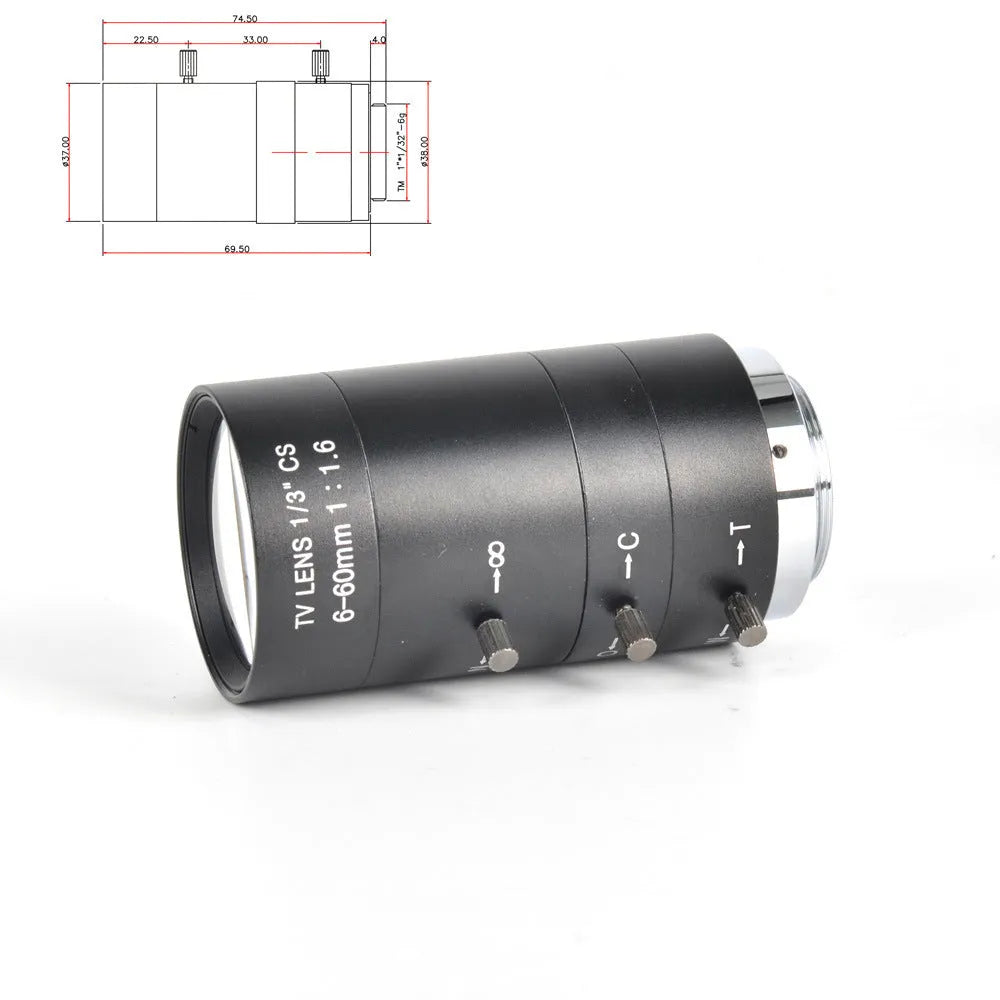 Black manual aperture 6-60mm CS mount CCTV lens with zoom and focus rings