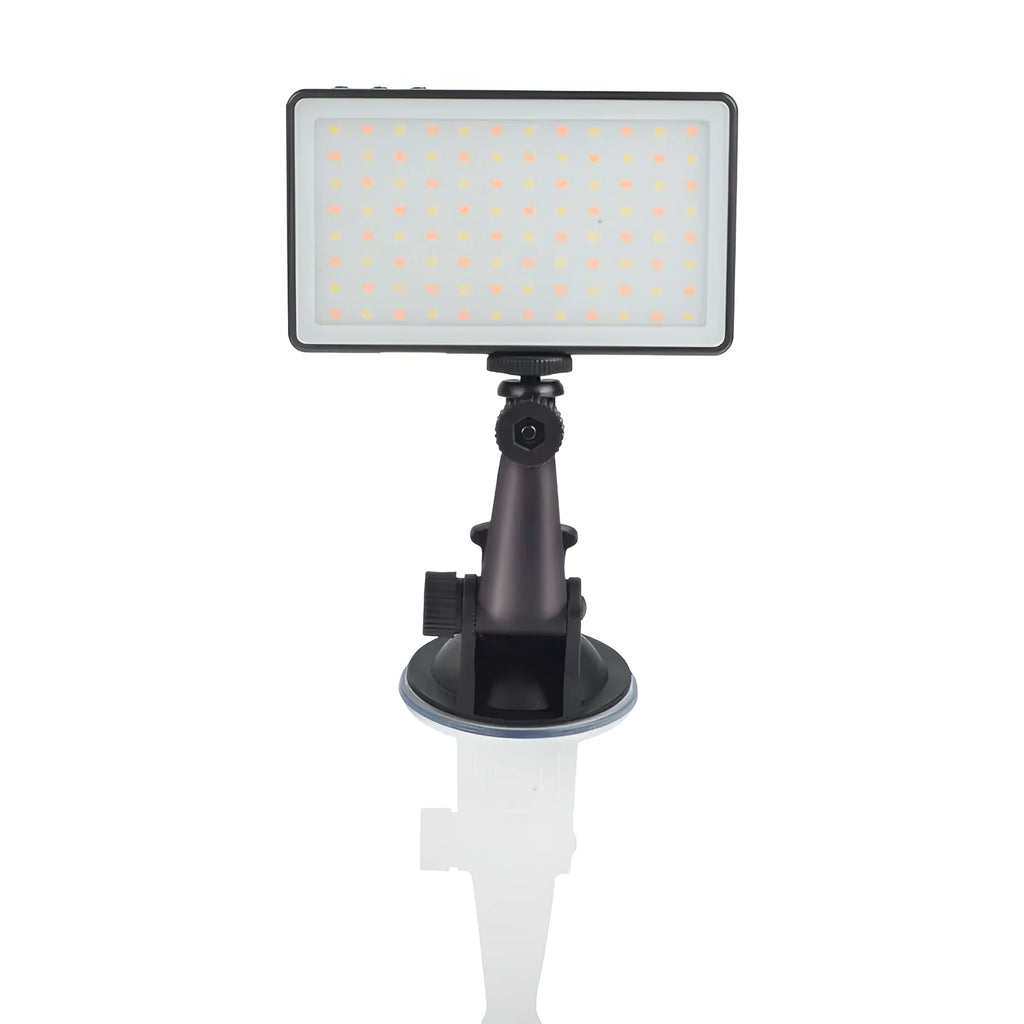 Black aluminium alloy LED video light for laptops with 96 LEDs and a display screen.