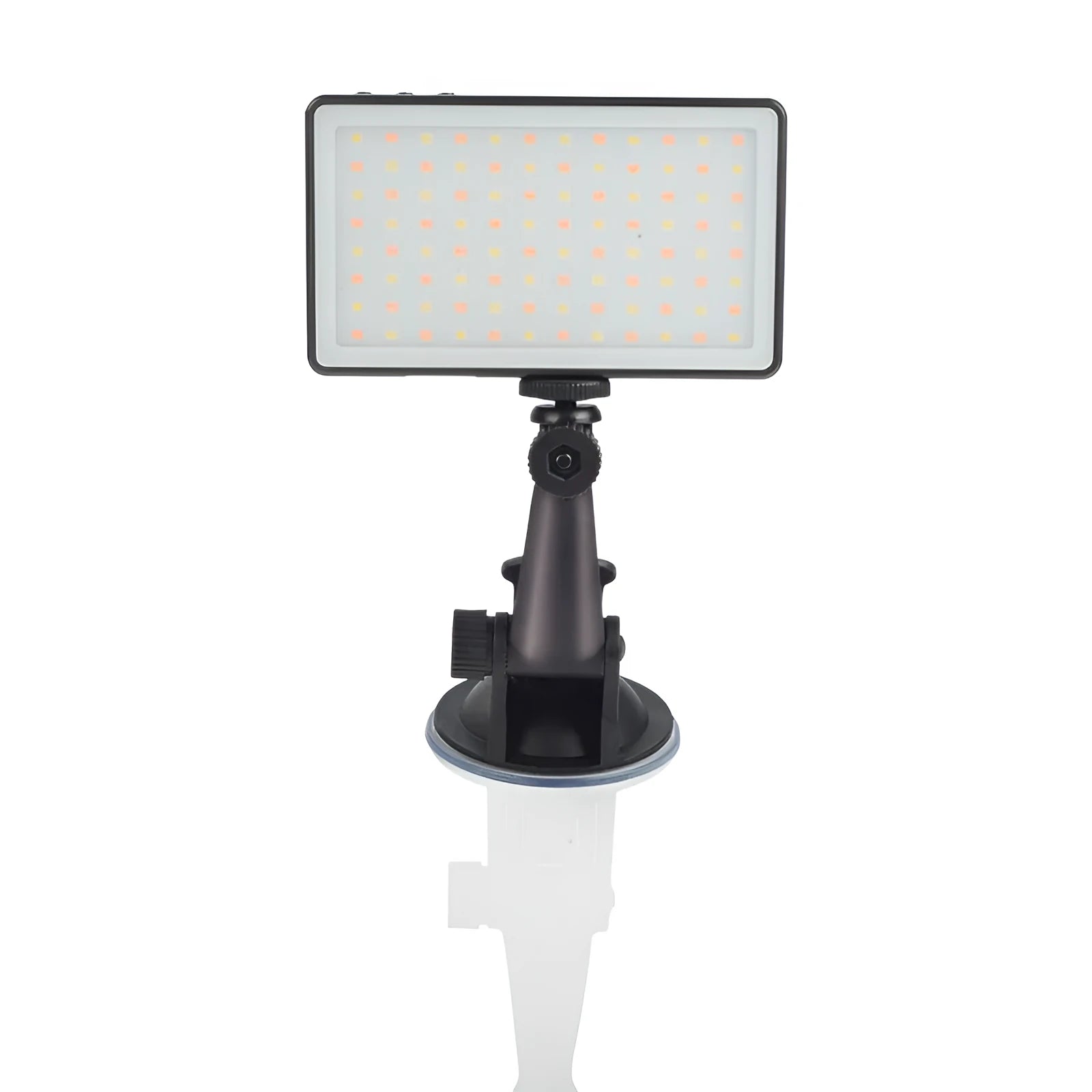 Black aluminium alloy LED video light for laptops with 96 LEDs and a display screen.