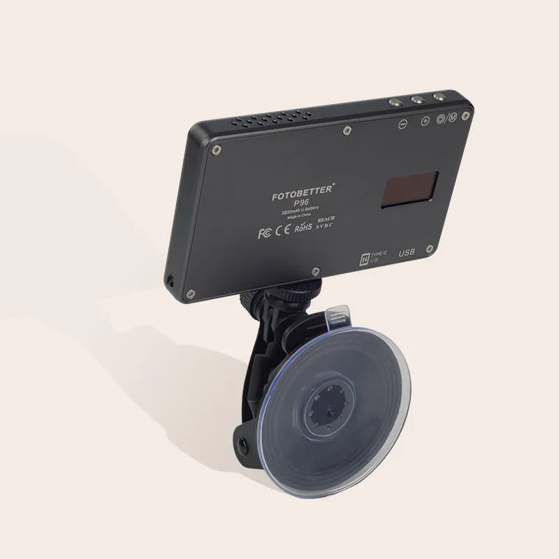 Black aluminium alloy LED video light for laptops with 96 LEDs and a display screen.