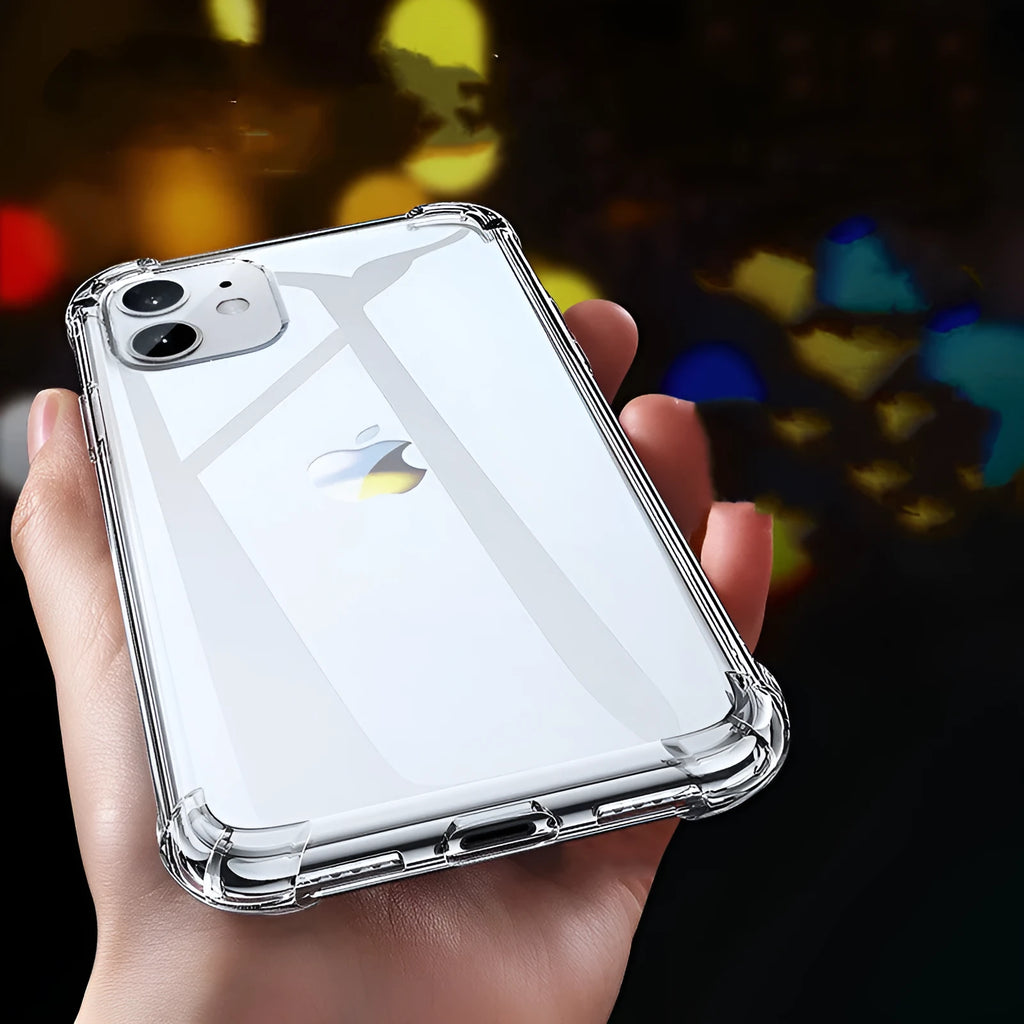Transparent white TPU silicone protective case for iPhone, shown fitting multiple Apple phone models