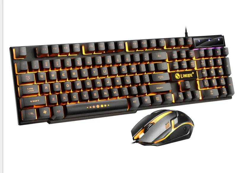 Limei Gtx300 wired USB gaming keyboard and mouse set in four colour options on a desktop.