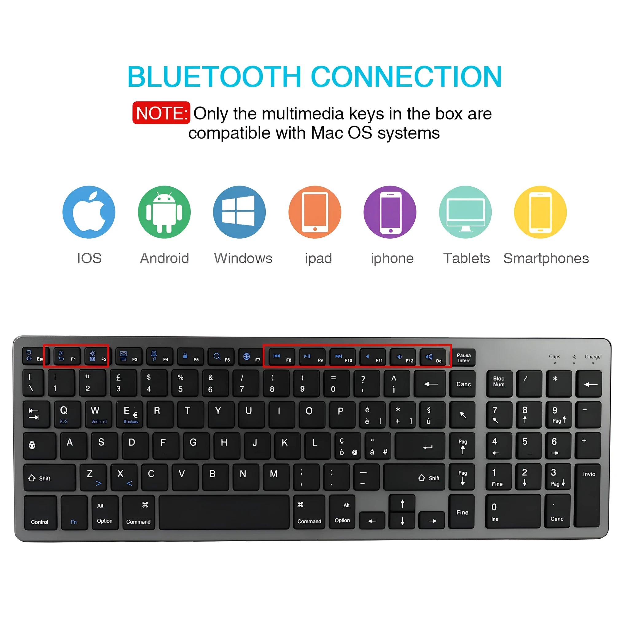 Ultra-thin white and black Bluetooth keyboard for tablets and mobile phones