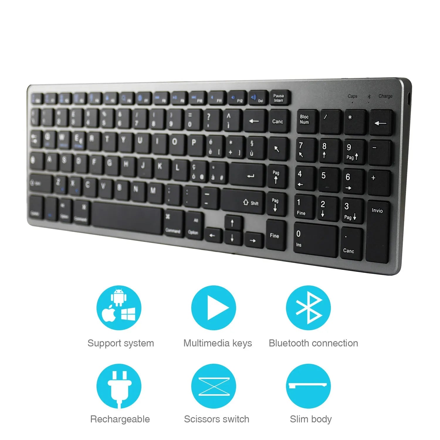 Ultra-thin white and black Bluetooth keyboard for tablets and mobile phones