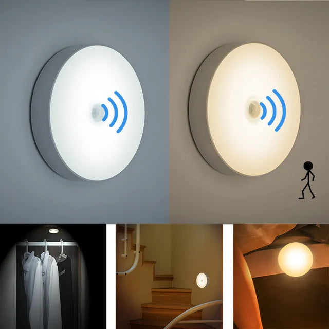 Compact round white LED motion sensor night light with USB charging cable and adhesive tape
