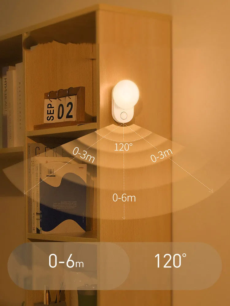 White rechargeable bedside night light with motion sensor and USB charging port
