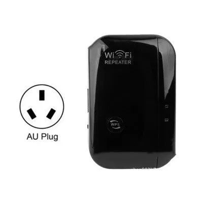 Black and white wifi signal booster repeater with UK, EU, US, AU plugs and network cable