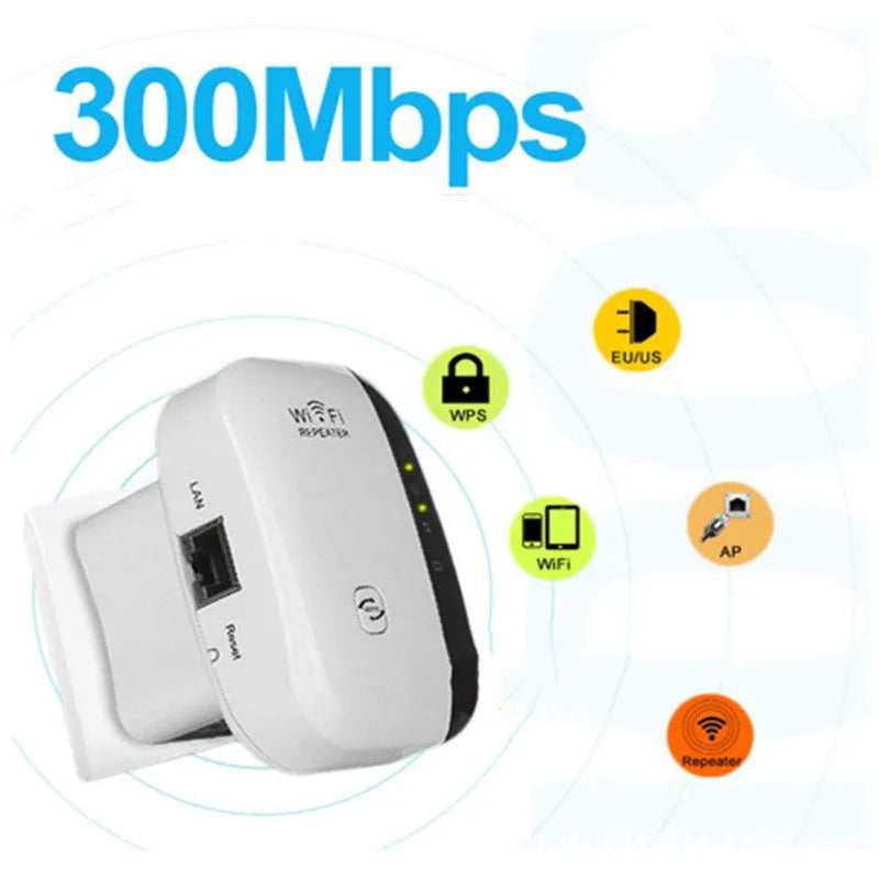 Black and white wifi signal booster repeater with UK, EU, US, AU plugs and network cable