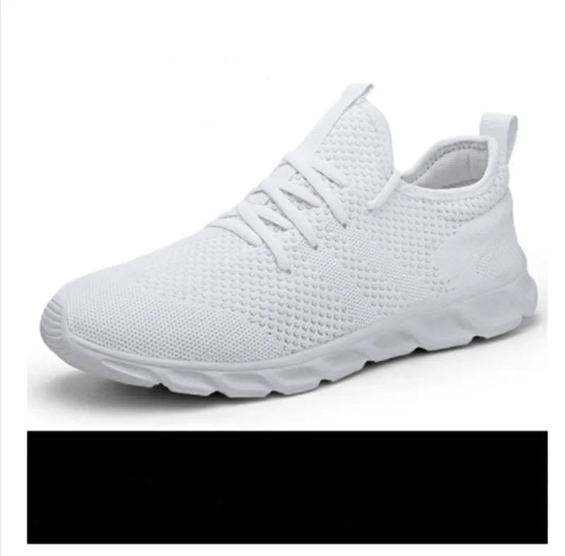 Men's black and white breathable mesh sneakers with lace-up closure and PVC sole