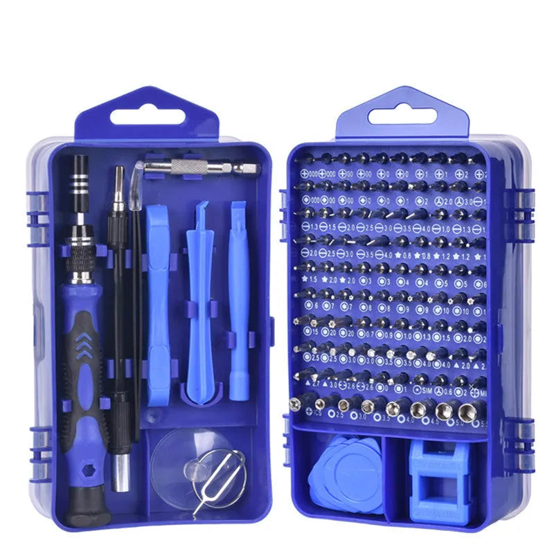 117 in 1 magnetic CR-V electronics screwdriver set with flexible extension in black, blue, or red box