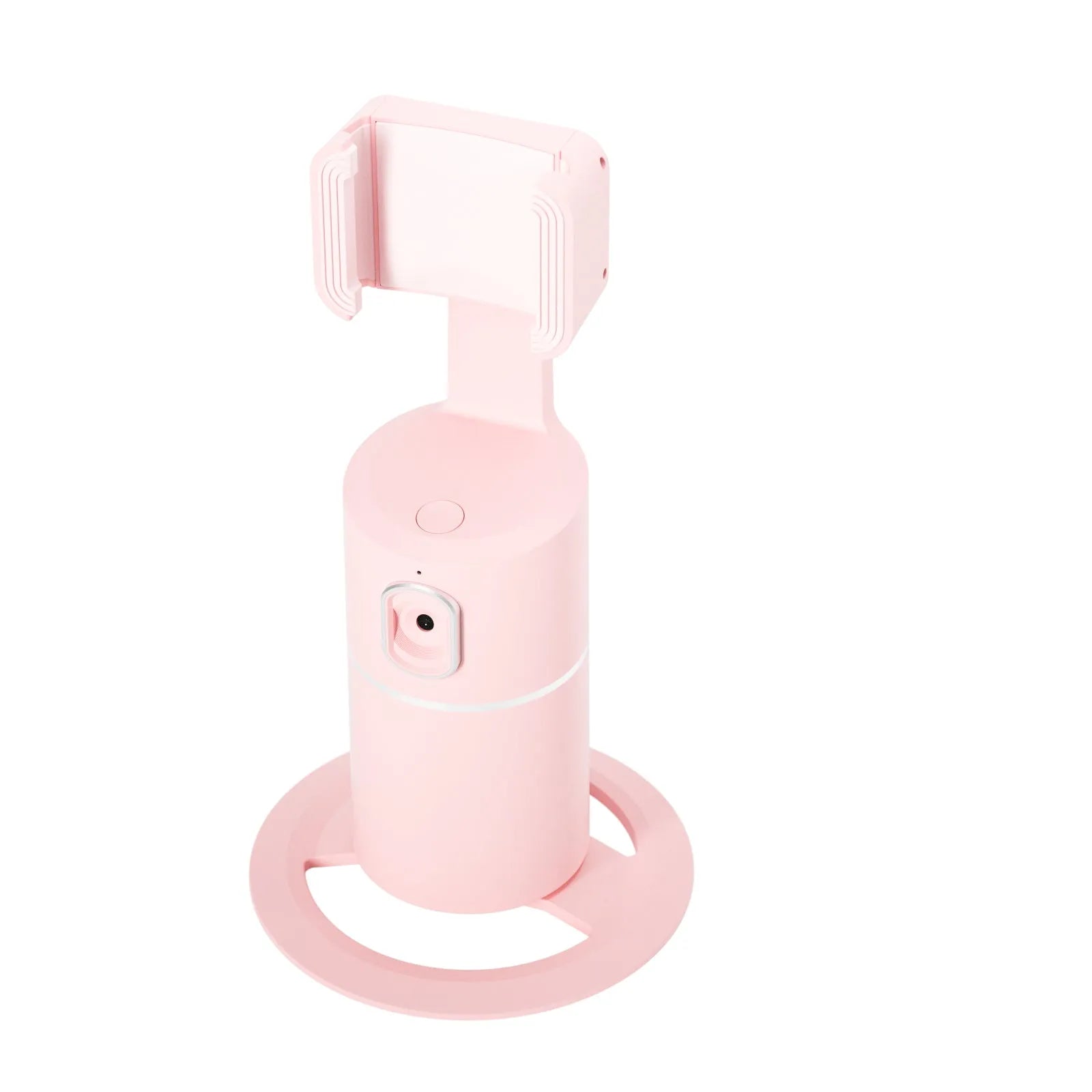 Black smartphone gimbal with clip mount showing 360-degree rotation for face tracking and video stabilisation.