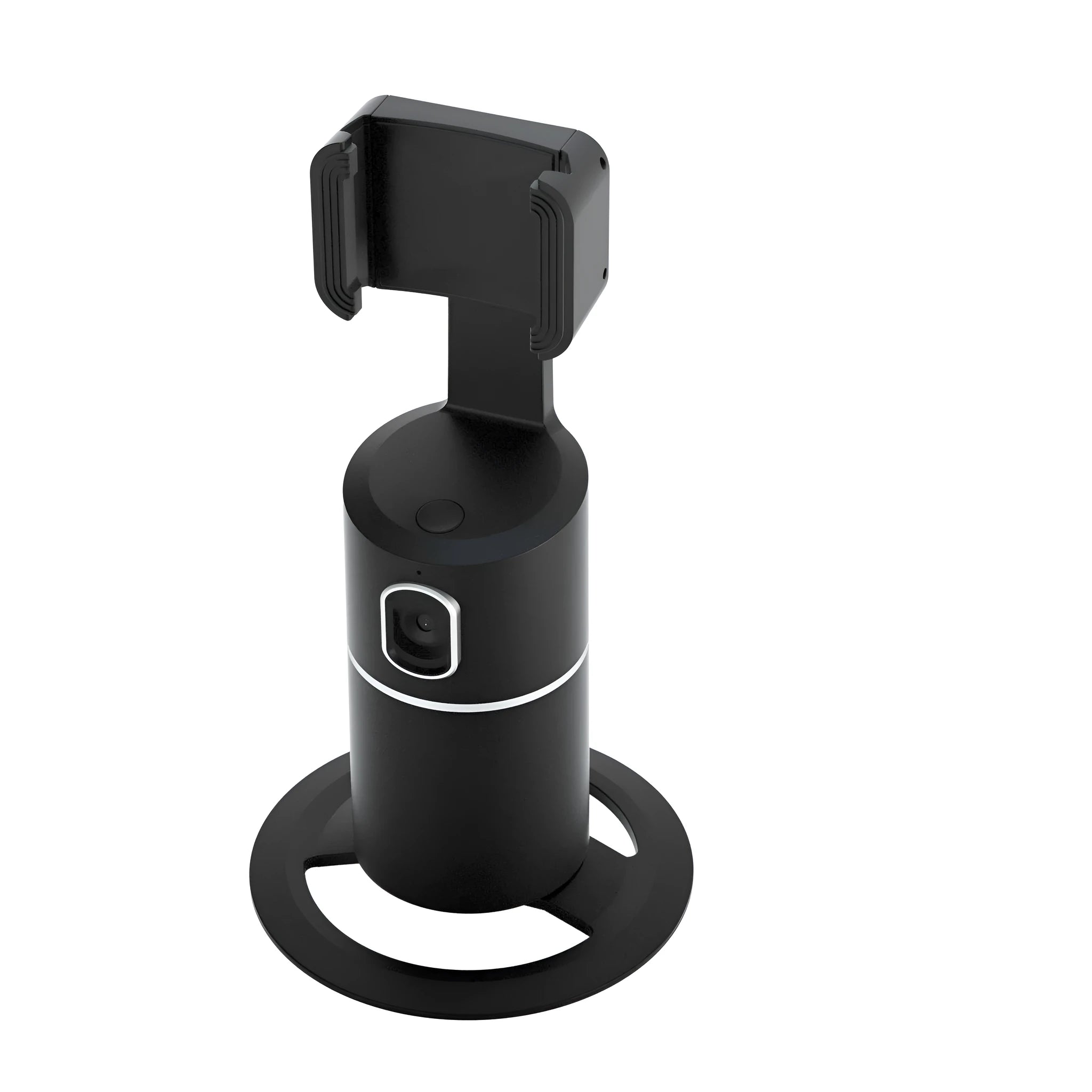 Black smartphone gimbal with clip mount showing 360-degree rotation for face tracking and video stabilisation.