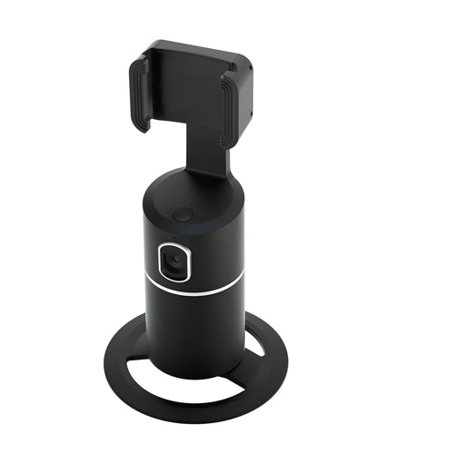 Black smartphone gimbal with clip mount showing 360-degree rotation for face tracking and video stabilisation.