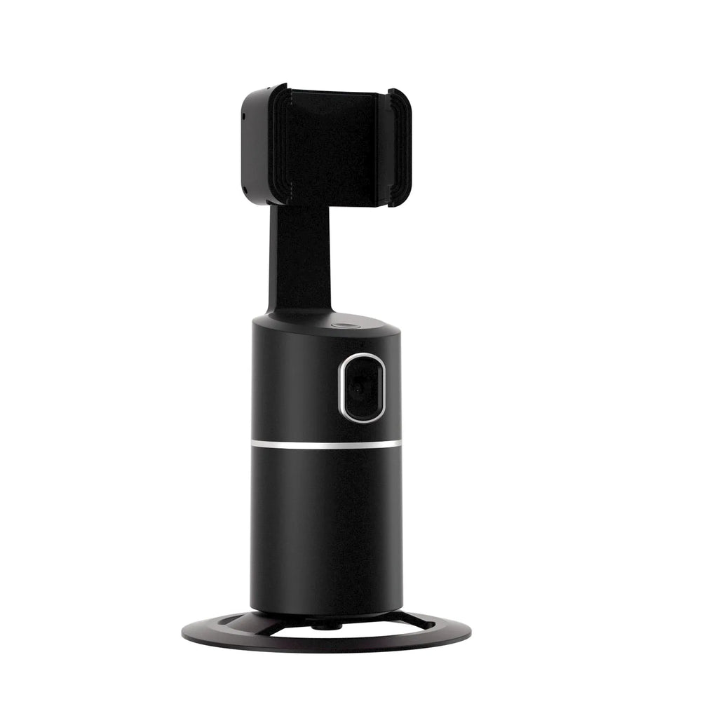 Black smartphone gimbal with clip mount showing 360-degree rotation for face tracking and video stabilisation.