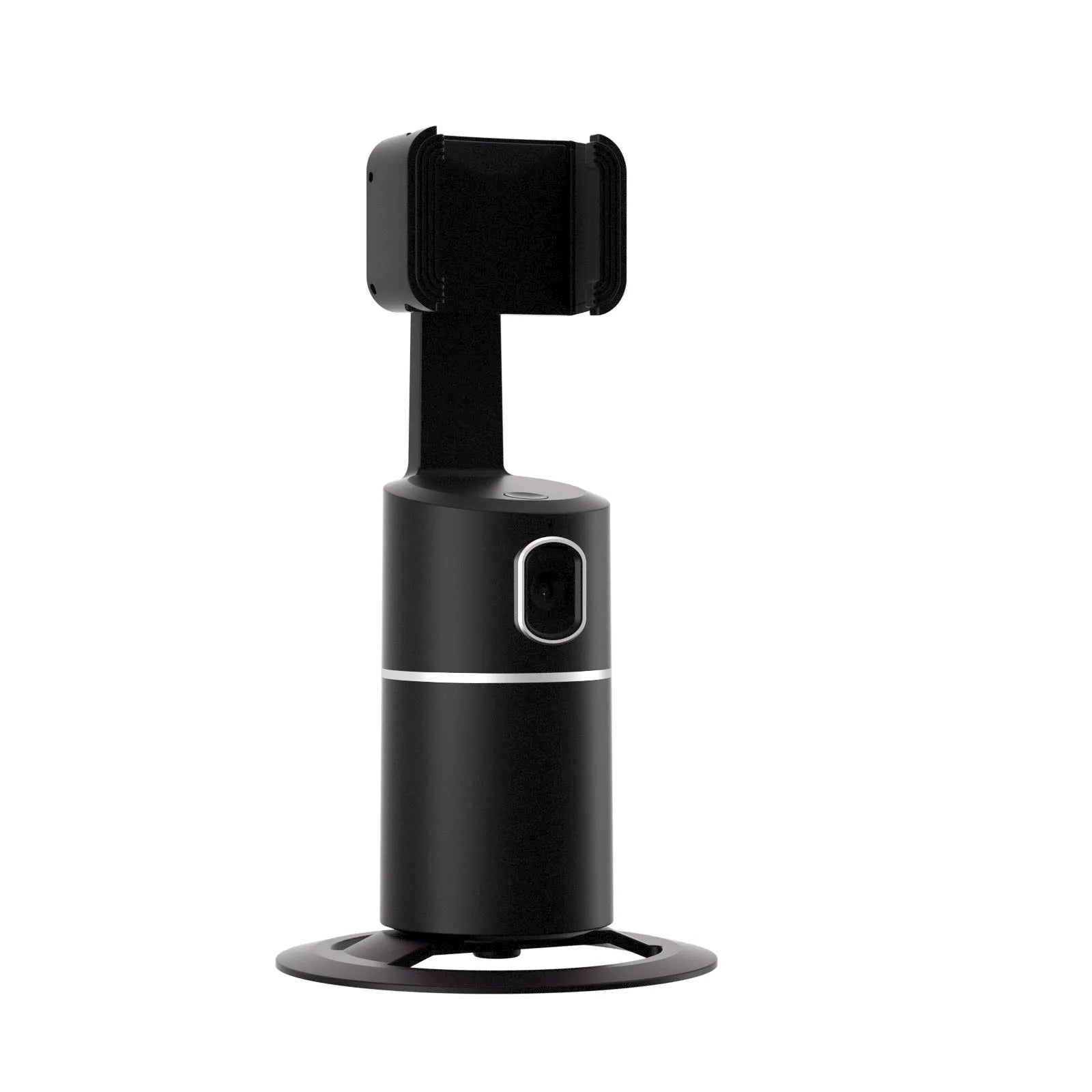 Black smartphone gimbal with clip mount showing 360-degree rotation for face tracking and video stabilisation.