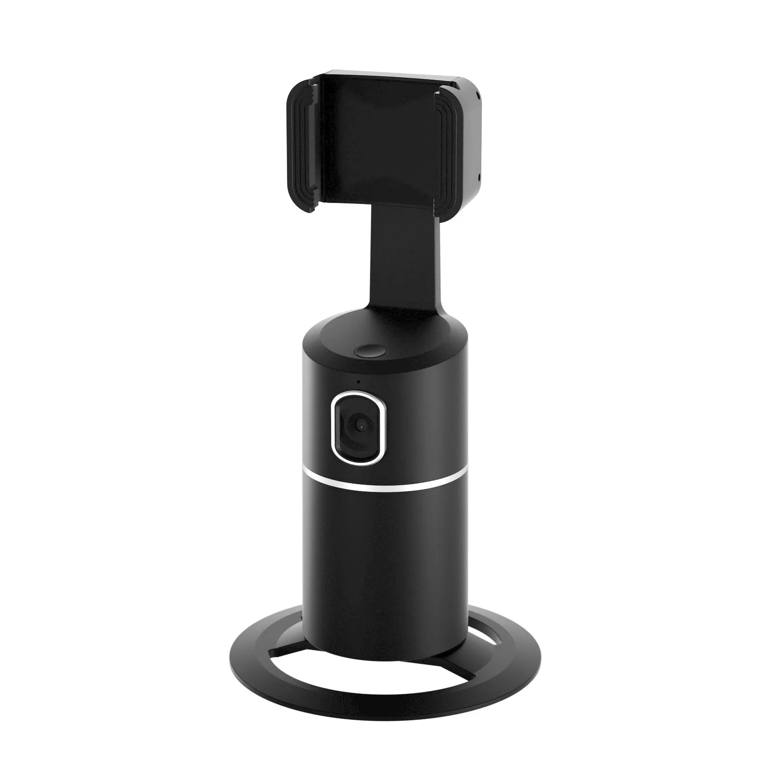 Black smartphone gimbal with clip mount showing 360-degree rotation for face tracking and video stabilisation.