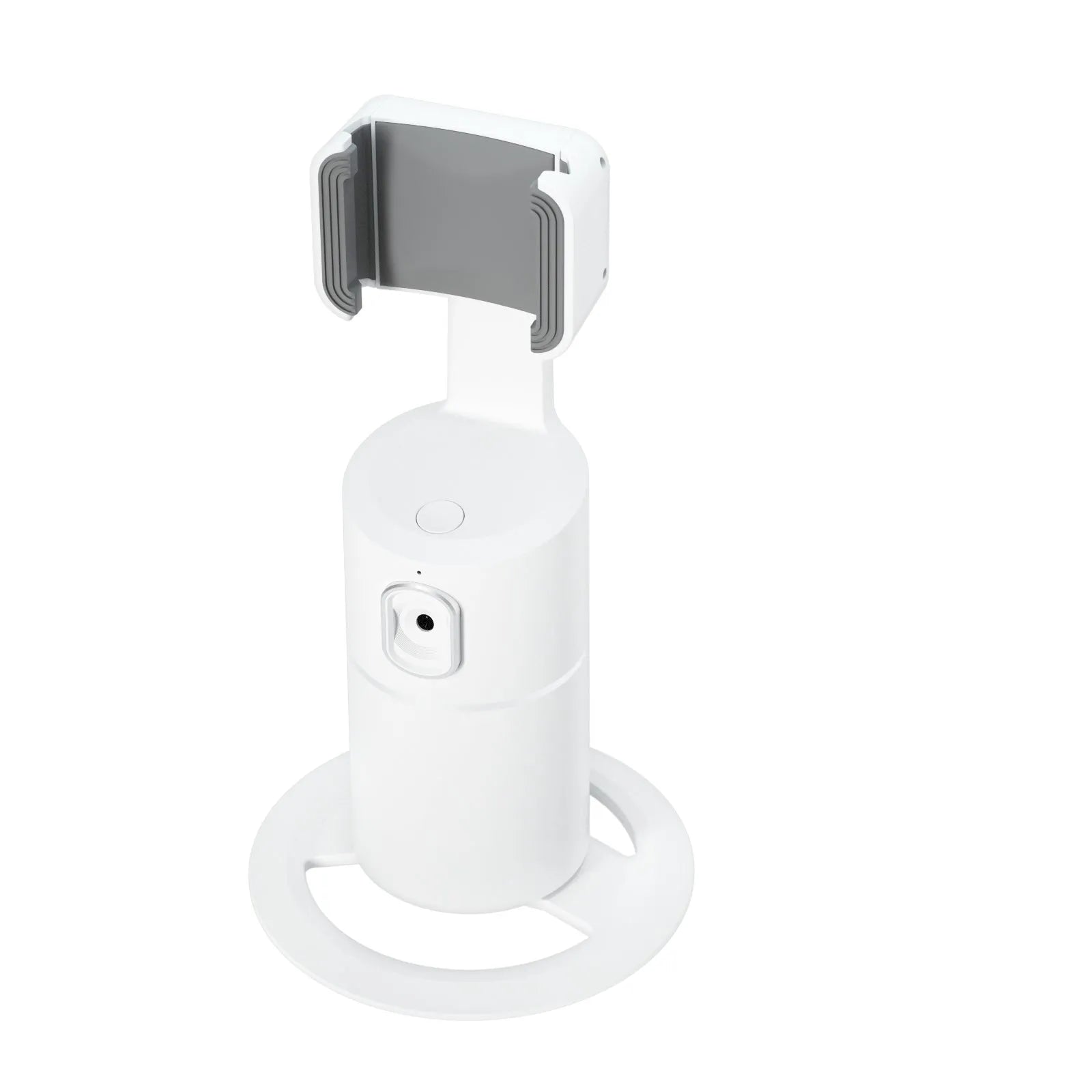 Black smartphone gimbal with clip mount showing 360-degree rotation for face tracking and video stabilisation.