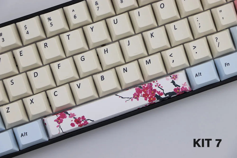 Single PBT plastic 6.25U space bar keycap for mechanical keyboards, shown in a selection of colours with dye-sublimated outline design.