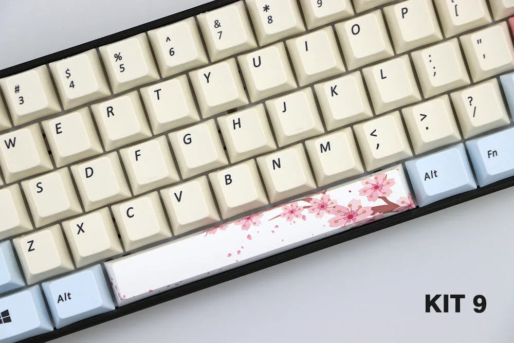 Single PBT plastic 6.25U space bar keycap for mechanical keyboards, shown in a selection of colours with dye-sublimated outline design.