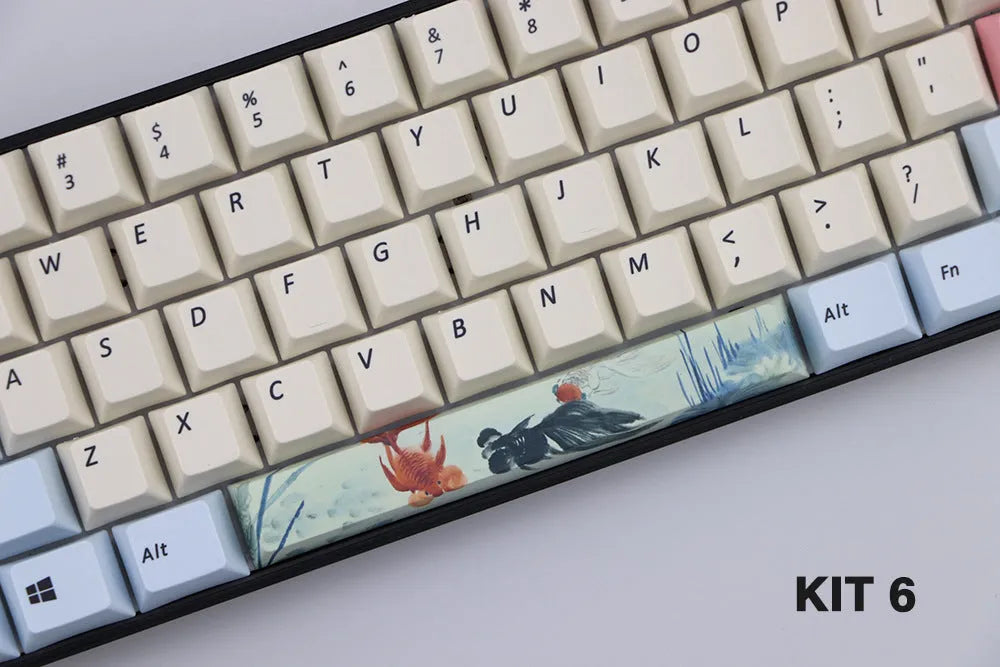 Single PBT plastic 6.25U space bar keycap for mechanical keyboards, shown in a selection of colours with dye-sublimated outline design.