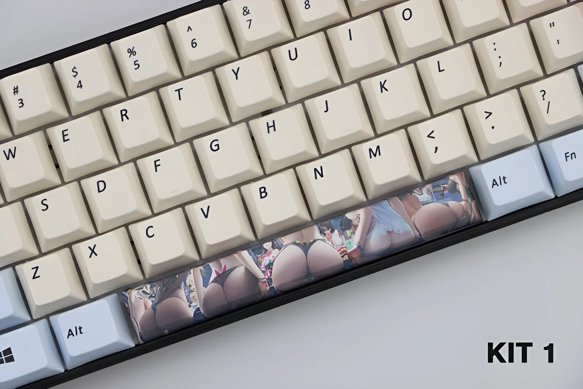Single PBT plastic 6.25U space bar keycap for mechanical keyboards, shown in a selection of colours with dye-sublimated outline design.