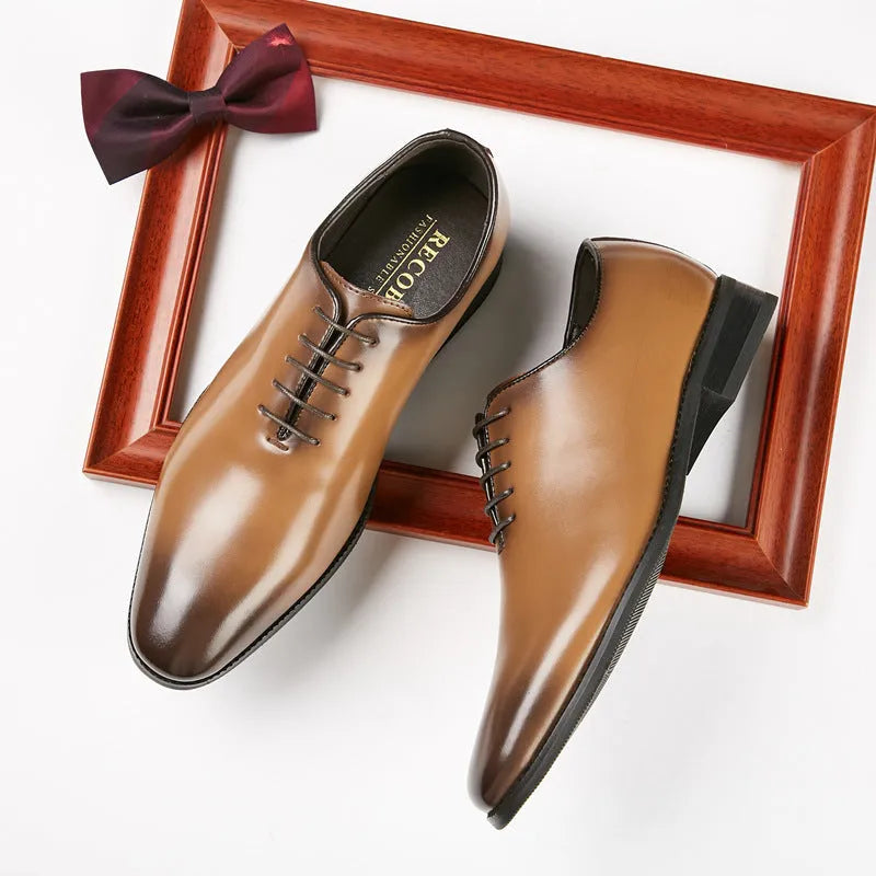 Men's black hand-polished leather business shoes with rubber sole and small round toe