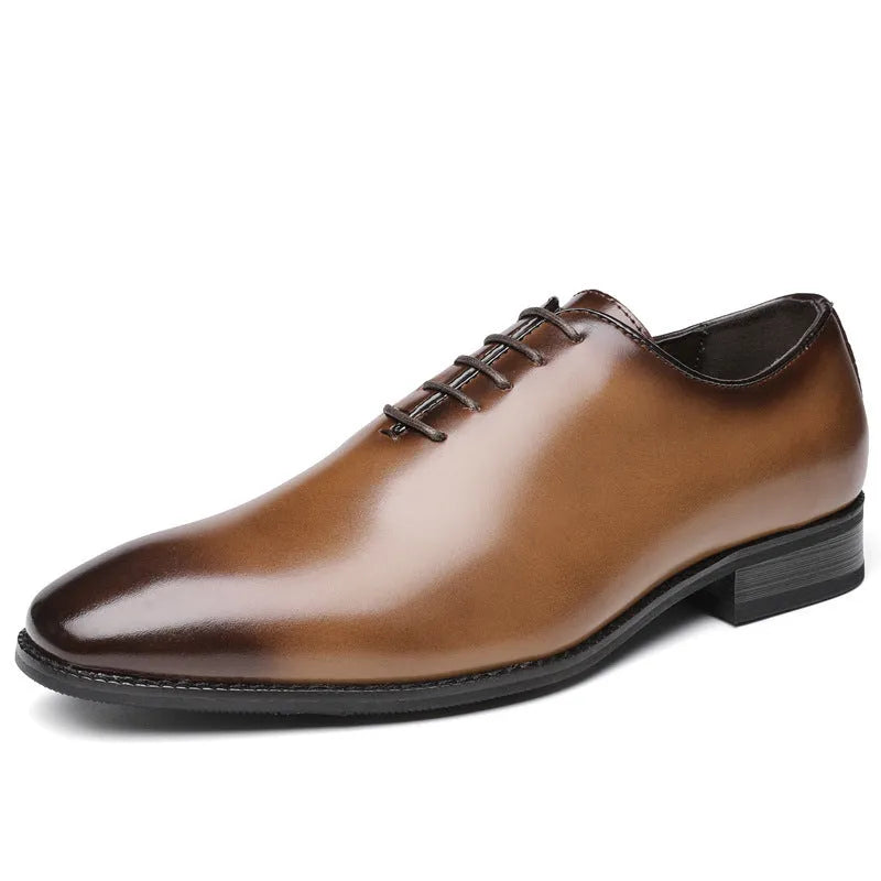Men's black hand-polished leather business shoes with rubber sole and small round toe
