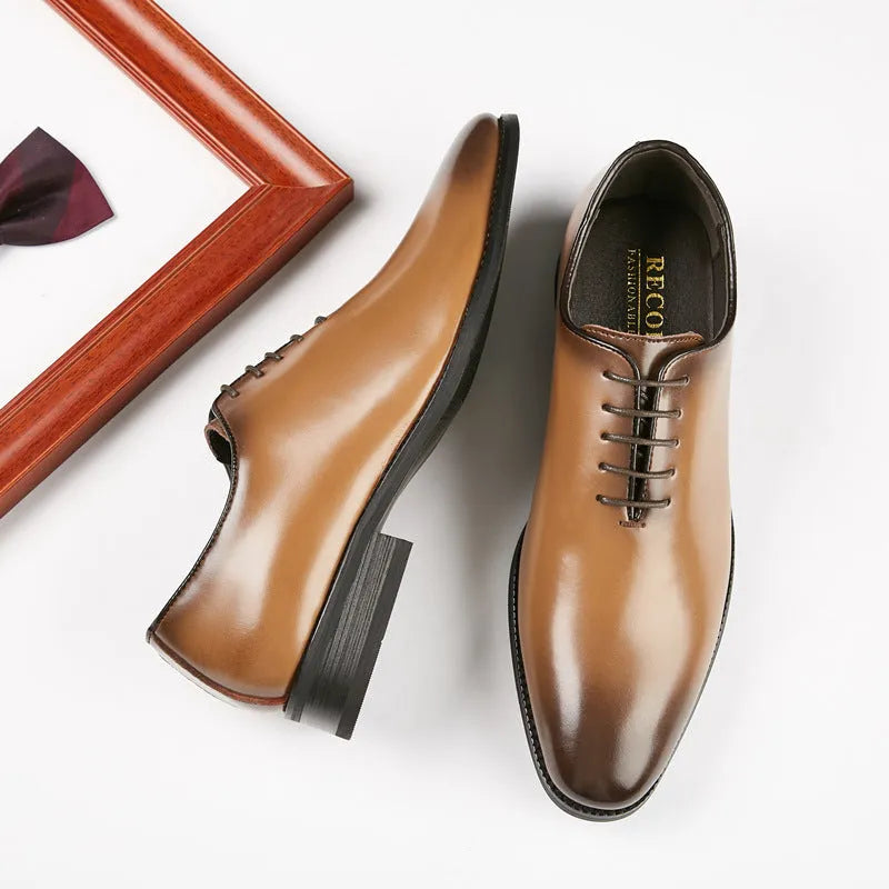 Men's black hand-polished leather business shoes with rubber sole and small round toe