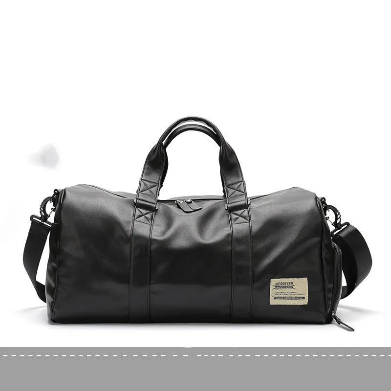 Large black PU leather sports training bag showing multiple internal compartments including a laptop sleeve.