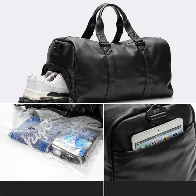 Large black PU leather sports training bag showing multiple internal compartments including a laptop sleeve.
