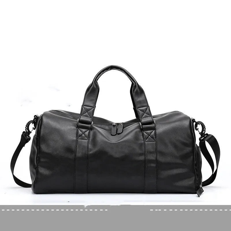 Large black PU leather sports training bag showing multiple internal compartments including a laptop sleeve.