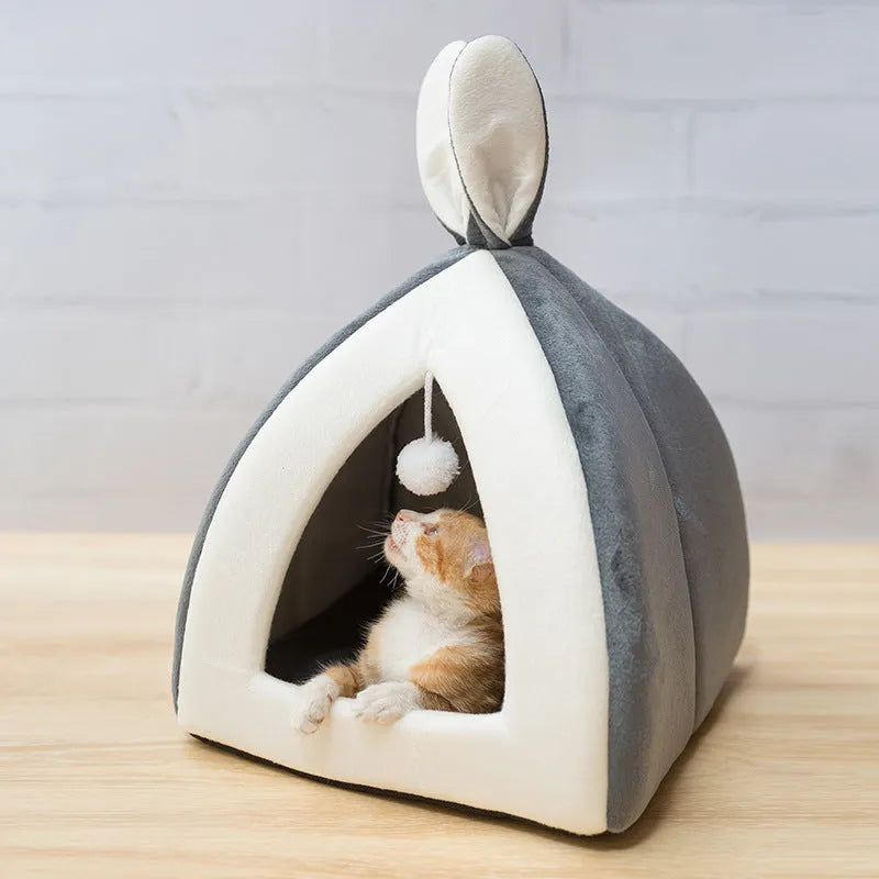 Cat house villa pet bed in grey cloth fabric with enclosed design for cats and small dogs