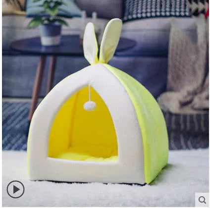Cat house villa pet bed in grey cloth fabric with enclosed design for cats and small dogs