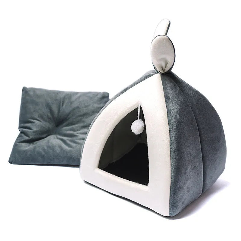 Cat house villa pet bed in grey cloth fabric with enclosed design for cats and small dogs