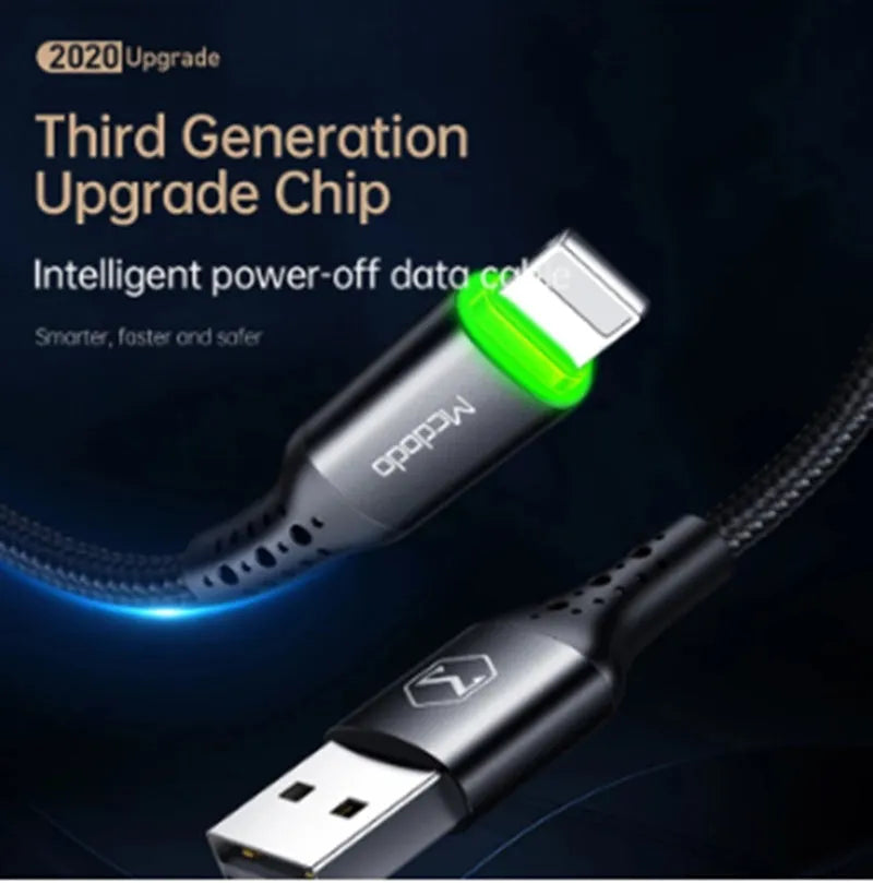 Black Apple Lightning charging cable with dual-colour LED lights, shown in 1.2m and 1.8m length options.