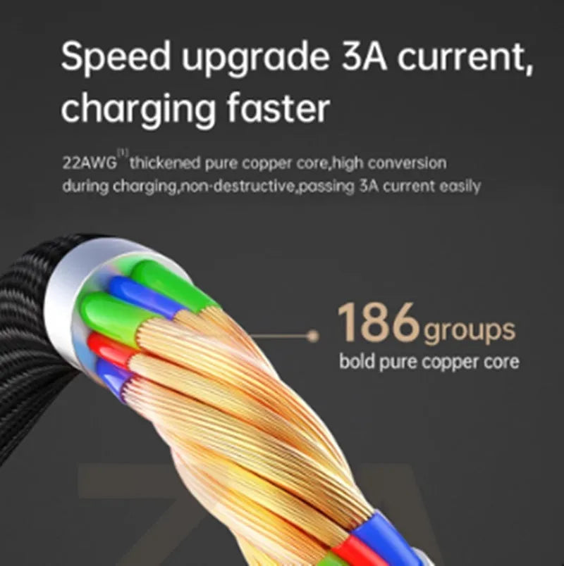 Black Apple Lightning charging cable with dual-colour LED lights, shown in 1.2m and 1.8m length options.