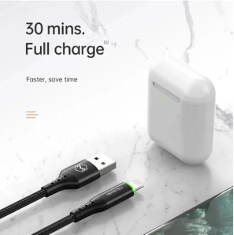 Black Apple Lightning charging cable with dual-colour LED lights, shown in 1.2m and 1.8m length options.
